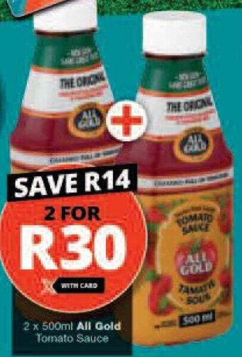 Checkers 2 x 500ml All Gold Tomato Sauce offer