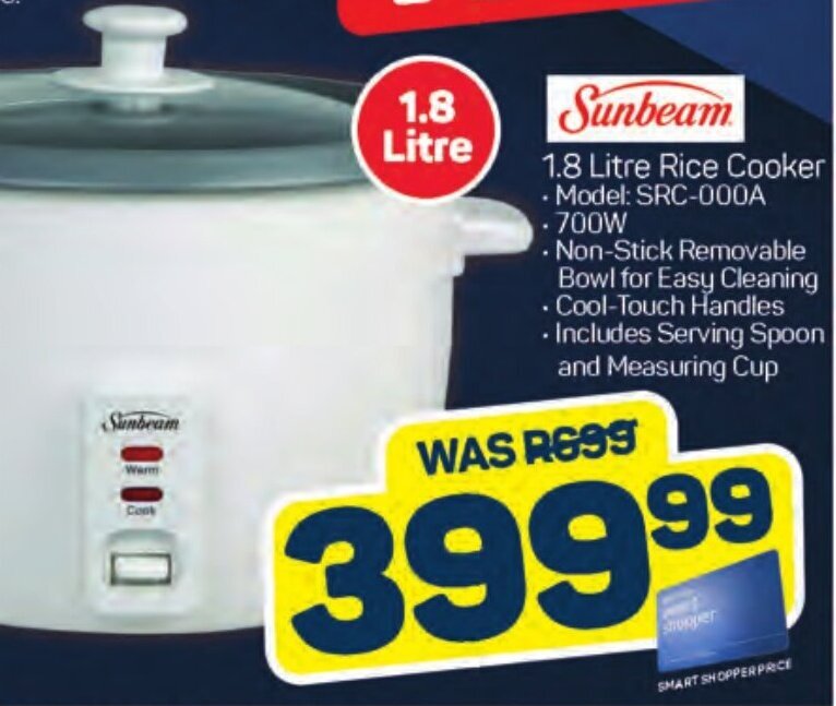 Sunbeam 1.8 Litre Rice Cooker offer at Pick n Pay