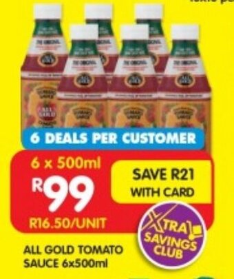 Shoprite ALL GOLD TOMATO SAUCE 6x500ml offer