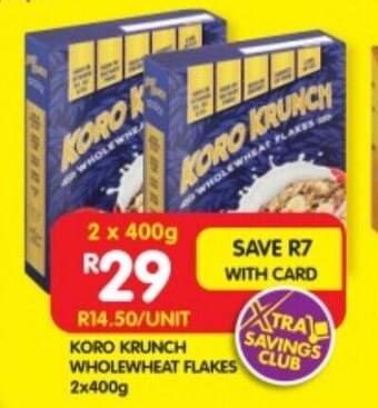 Shoprite KORO KRUNCH WHOLEWHEAT FLAKES 2x400g offer