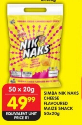 Shoprite SIMBA NIK NAKS CHEESE FLAVOURED MAIZE SNACK 50x20g offer