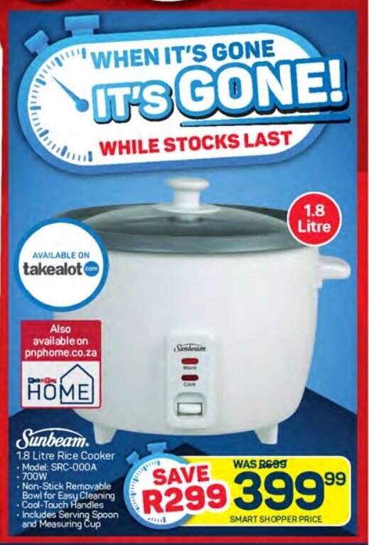 Sunbeam 1.8 Litre Rice Cooker offer at Pick n Pay