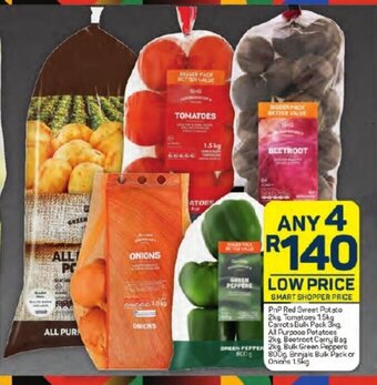Pick n Pay All Purpose Potatoes 2kg + Tomatoes 1.5 kg + Beetroot Carry Bag + Onions 1.5kg + Green Peppers 800g offer