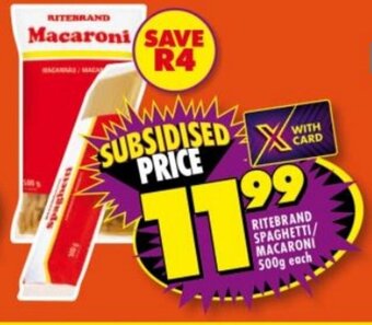 Shoprite RITEBRAND SPAGHETTI/ MACARONI 500g each offer