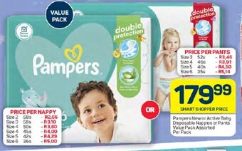 Pick n Pay Pampers New or Active Baby Disposable Nappies or Pants Value Pack Assorted Per Pack offer
