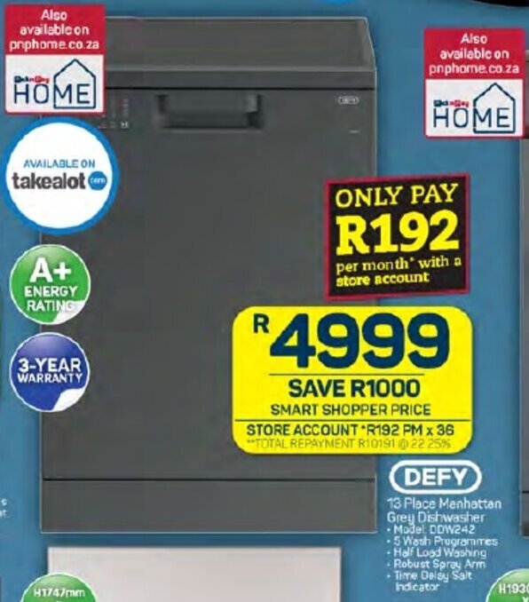 DEFY 13 Place Manhattan Grey Dishwasher Model DDW242 offer at Pick n Pay