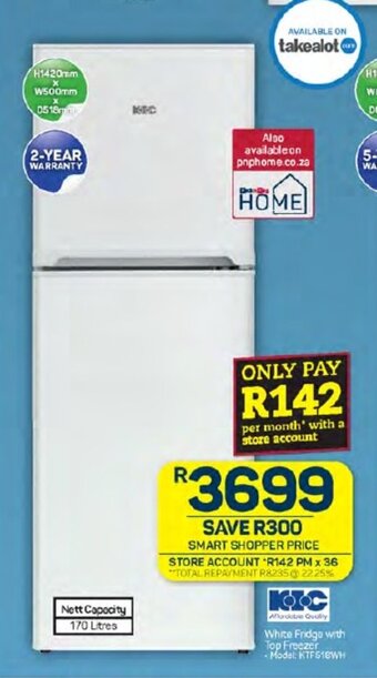 Pick n Pay White Fridge with Top Freezer - Model: KTF518WH offer