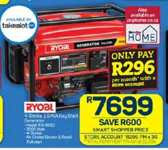 Pick n Pay RYOBI 4-Stroke 3.5KVA Key Start Generator offer