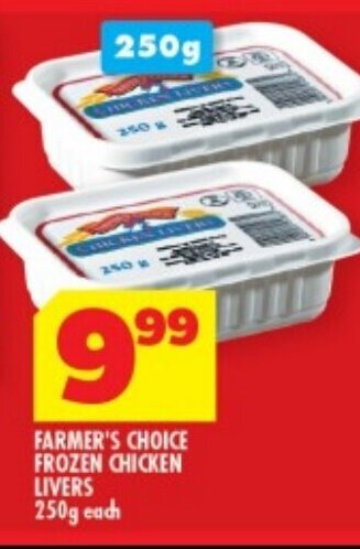 Usave FARMER'S CHOICE FROZEN CHICKEN LIVERS 250g each offer