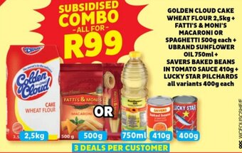 Usave GOLDEN CLOUD CAKE WHEAT FLOUR 2,5kg + FATTI'S & MONI'S MACARONI OR SPAGHETTI 500g each + UBRAND SUNFLOWER OIL 750ml offer
