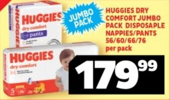 Usave HUGGIES DRY COMFORT JUMBO PACK DISPOSABLE NAPPIES/PANTS 56/60/66/76 per pack offer