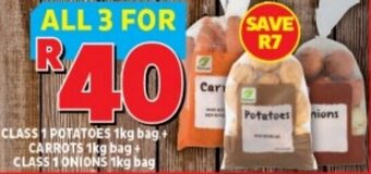 Usave CLASS 1 POTATOES 1kg bag + CARROTS 1kg bag+ CLASS 1 ONIONS 1kg bag offer