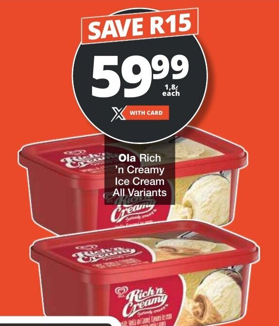 Ola Rich 'n Creamy Ice Cream All Variants offer at Checkers