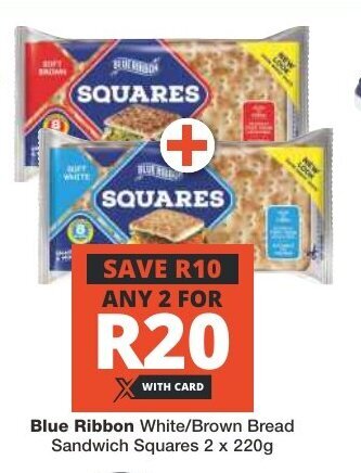 Checkers Blue Ribbon White/Brown Bread Sandwich Squares 2 x 220g offer