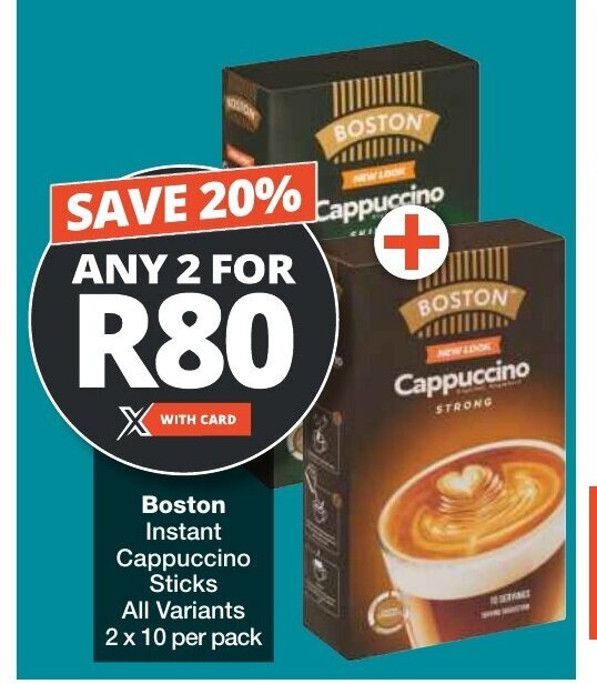 Boston Instant Cappuccino Sticks All Variants 2 x 10 per pack offer at