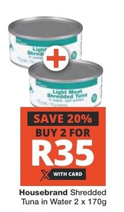 Checkers Housebrand Shredded Tuna in Water 2 x 170g offer
