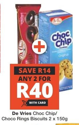 Checkers De Vries Choc Chip/ Choco Rings Biscuits 2 x 150g offer