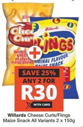 Checkers Willards Cheese Curls/Flings Maize Snack All Variants 2 x 150g offer