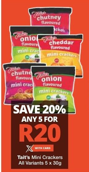 Checkers Tait's Mini Crackers All Variants 5 x 30g offer
