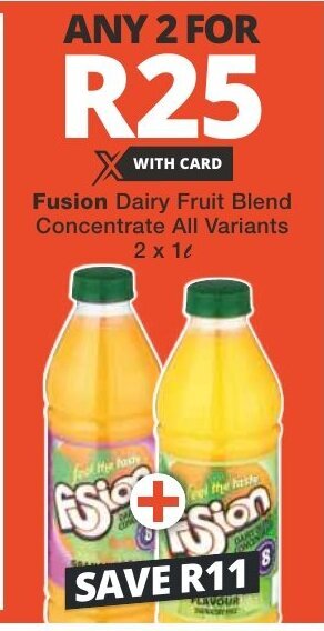 Checkers Fusion Dairy Fruit Blend Concentrate All Variants 2 x 1L offer