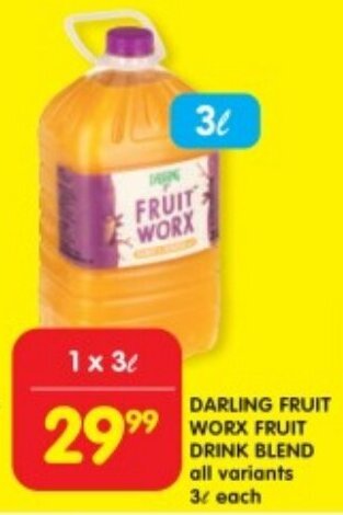 Shoprite DARLING FRUIT WORX FRUIT DRINK BLEND 3L offer