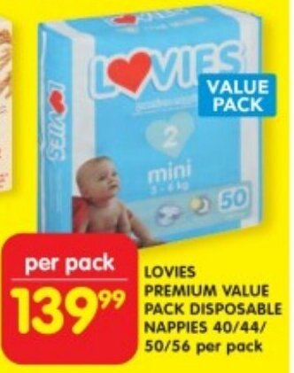 Shoprite LOVIES PREMIUM VALUE PACK DISPOSABLE NAPPIES 40/44/ 50/56 offer