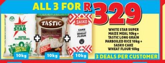 Usave WHITE STAR SUPER MAIZE MEAL 10kg + TASTIC LONG GRAIN PARBOILED RICE 10kg + SASKO CAKE WHEAT FLOUR 10kg offer