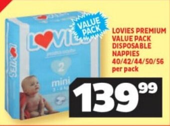 Usave LOVIES PREMIUM VALUE PACK DISPOSABLE NAPPIES 40/42/44/50/56 per pack offer