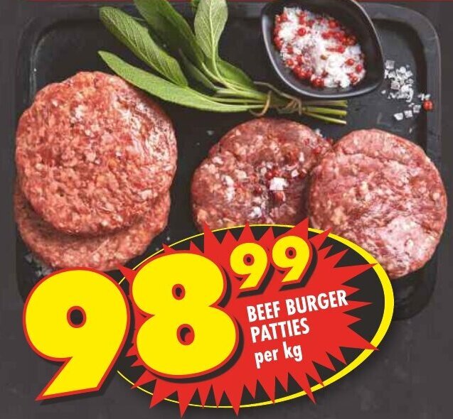 BEEF BURGER PATTIES per kg offer at Shoprite