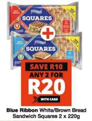 Checkers Blue Ribbon White/Brown Bread Sandwich Squares 2 x 220g offer