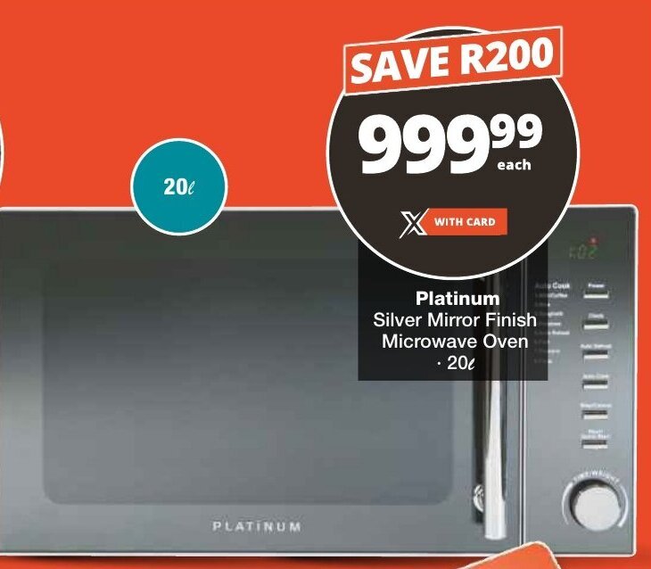 Platinum Silver Mirror Finish Microwave Oven 20L offer at Checkers