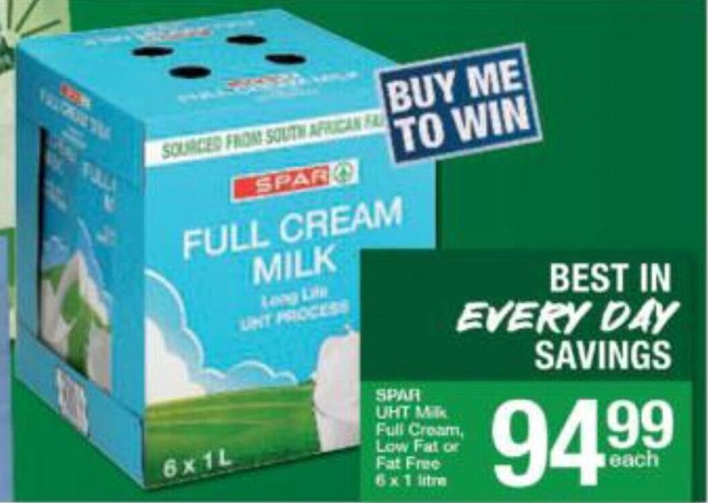 SPAR UHT Milk Full Cream, Low Fat or Fat Free 6x1L offer at Spar