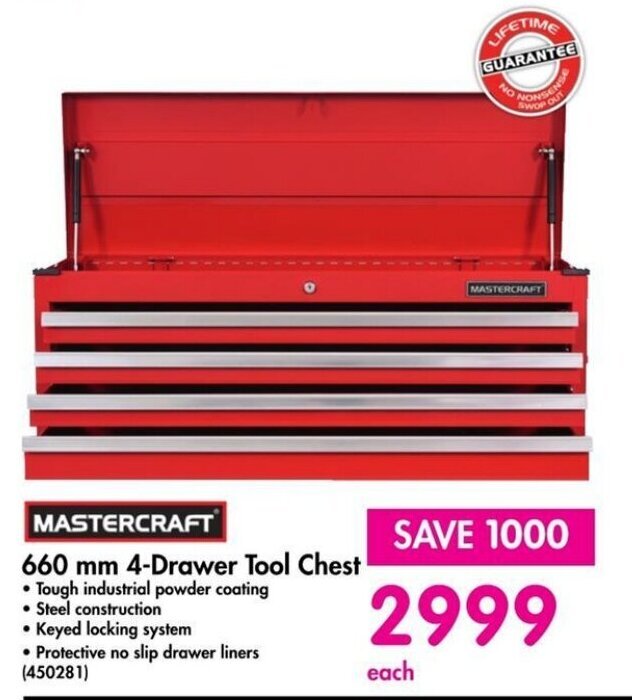 MASTERCRAFT 660 mm 4Drawer Tool Chest offer at Makro