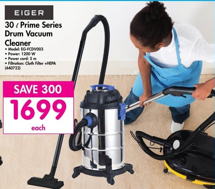 EIGER 30L Prime Series Drum Vacuum Cleaner offer at Makro