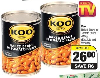 SuperSpar Koo Baked Beans in Tomato Sauce 410g offer