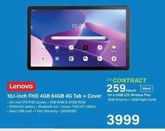 Incredible Connection Lenovo 10.1-inch FHD 4GB 64GB 4G Tab + Cover offer