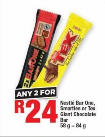 Nestlé Bar One, Smarties or Tex Giant Chocolate Bar 58 g - 84 g