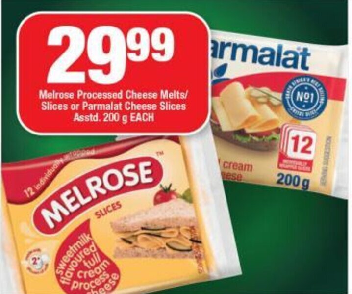 Melrose Processed Cheese Melts/ Slices or Parmalat Cheese Slices Asstd. 200 g EACH offer at OK