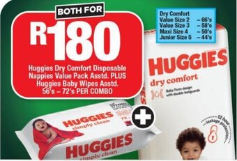 OK Grocer Huggies Dry Comfort Disposable Nappies Value Pack Asstd. PLUS Huggies Baby Wipes Asstd. 56's -72's PER COMBO offer