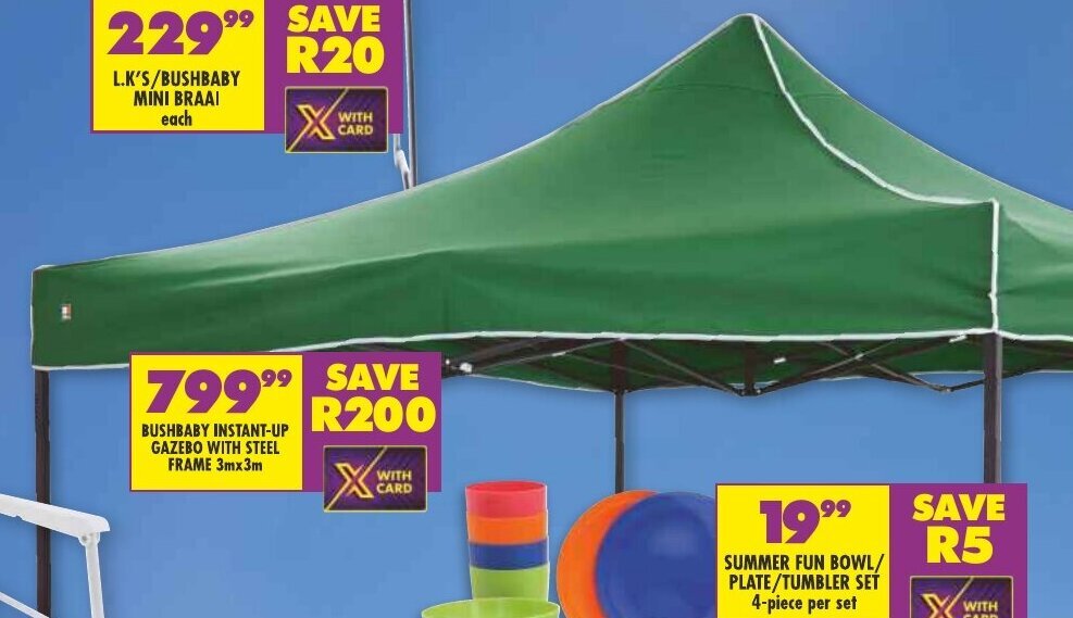 BUSHBABY INSTANTUP GAZEBO WITH STEEL FRAME 3mx3m offer at Shoprite