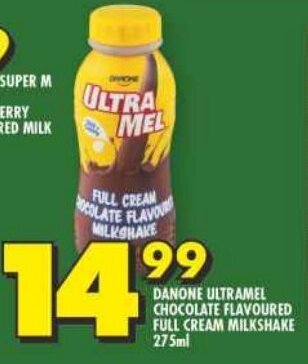 Shoprite DANONE ULTRAMEL CHOCOLATE FLAVOURED FULL CREAM MILKSHAKE 275ml offer