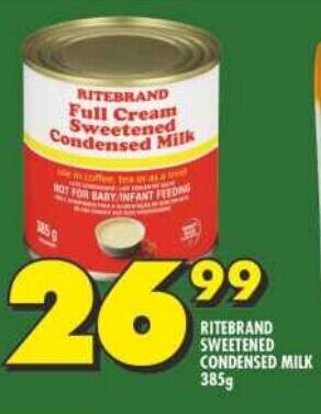Shoprite RITEBRAND SWEETENED CONDENSED MILK 385g offer