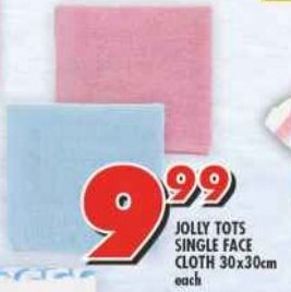 Shoprite JOLLY TOTS SINGLE FACE CLOTH 30x30cm each offer