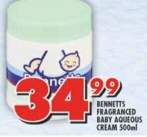 Shoprite BENNETTS FRAGRANCED BABY AQUEOUS CREAM 500ml offer