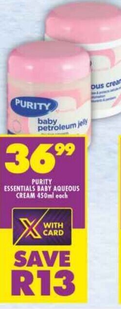 Shoprite PURITY ESSENTIALS BABY AQUEOUS CREAM 450ml each offer