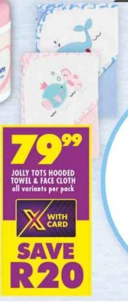 Shoprite JOLLY TOTS HOODED TOWEL & FACE CLOTH all variants per pack offer