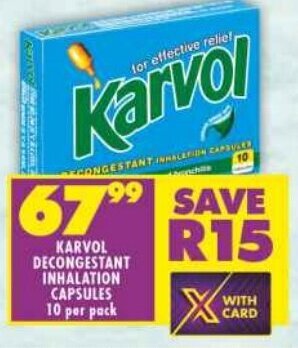 Shoprite KARVOL DECONGESTANT INHALATION CAPSULES 10 per pack offer