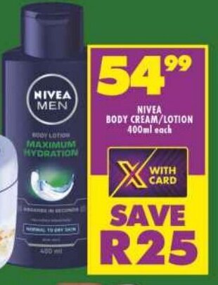 Shoprite NIVEA BODY CREAM/LOTION 400ml each offer