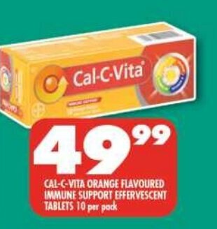 Shoprite CAL-C-VITA ORANGE FLAVOURED IMMUNE SUPPORT EFFERVESCENT TABLETS 10 per pack offer