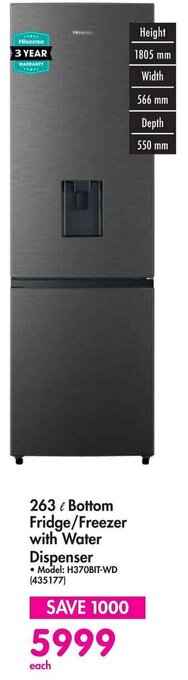 Makro 263 L Bottom Fridge/Freezer with Water Dispenser offer